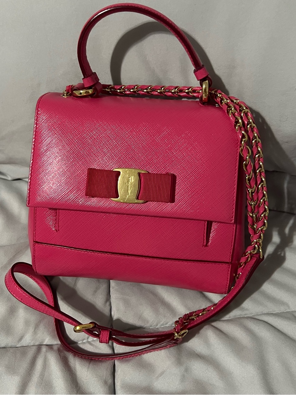 Salvatore Ferragamo Hot Pink Saffiano Leather Top-Handle Satchel with Vara Bow